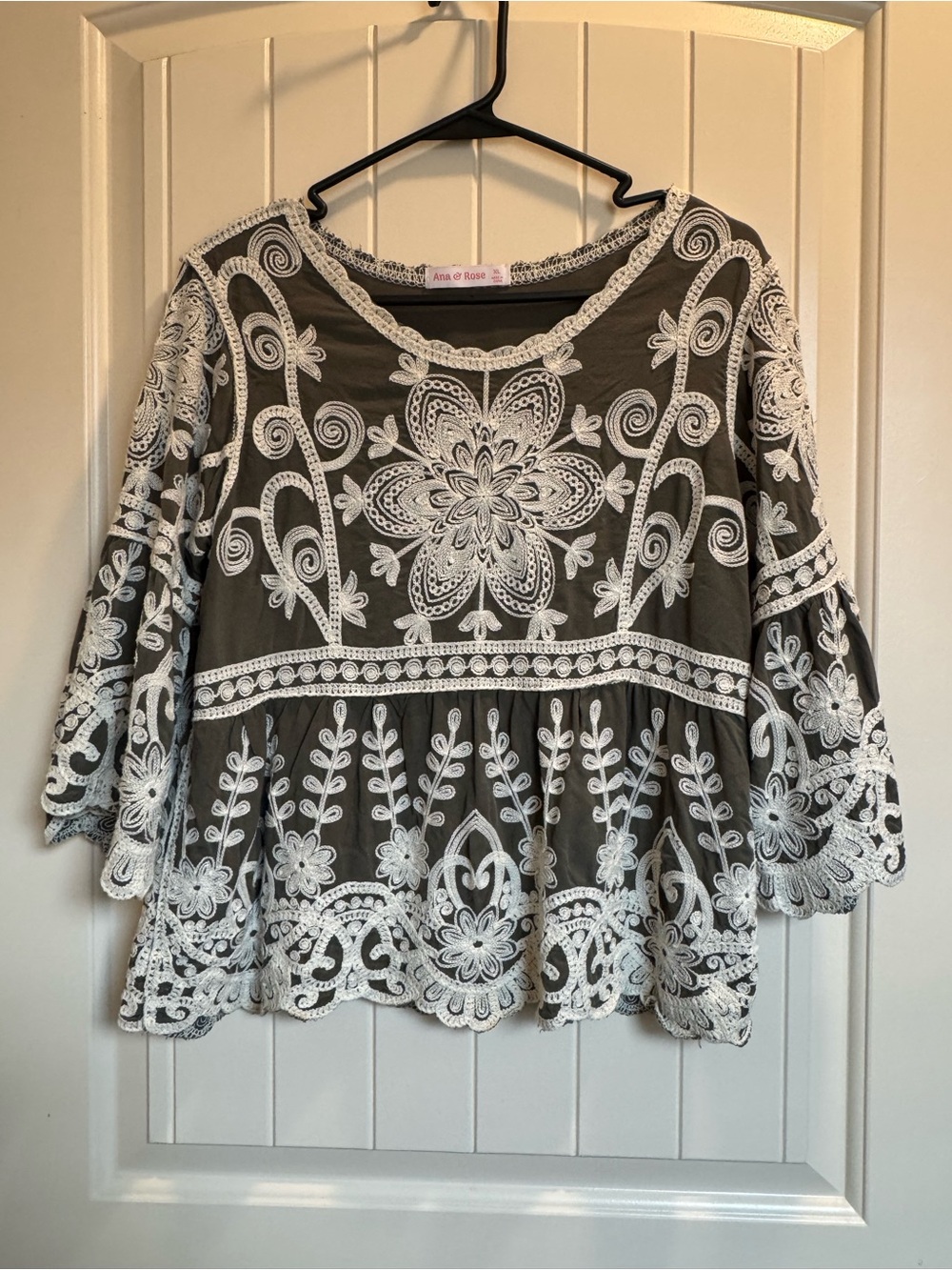 Boho Embroidered Olive Green Peasant top